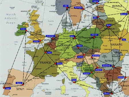 Grafo representando uma rede de vôos cruzando a Europa
